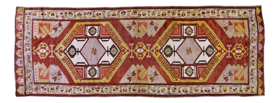 4'x10'9" Anatolian Oushak Wool Rug Red Medallion Hand Knotted Vintage: 4'x10'9" Anatolian Oushak Wool Rug Red Medallion Hand Knotted Vintage This vintage Turkish Anatolian Oushak rug features a hand-knotted medallion design with natural colors and a silky soft texture. C