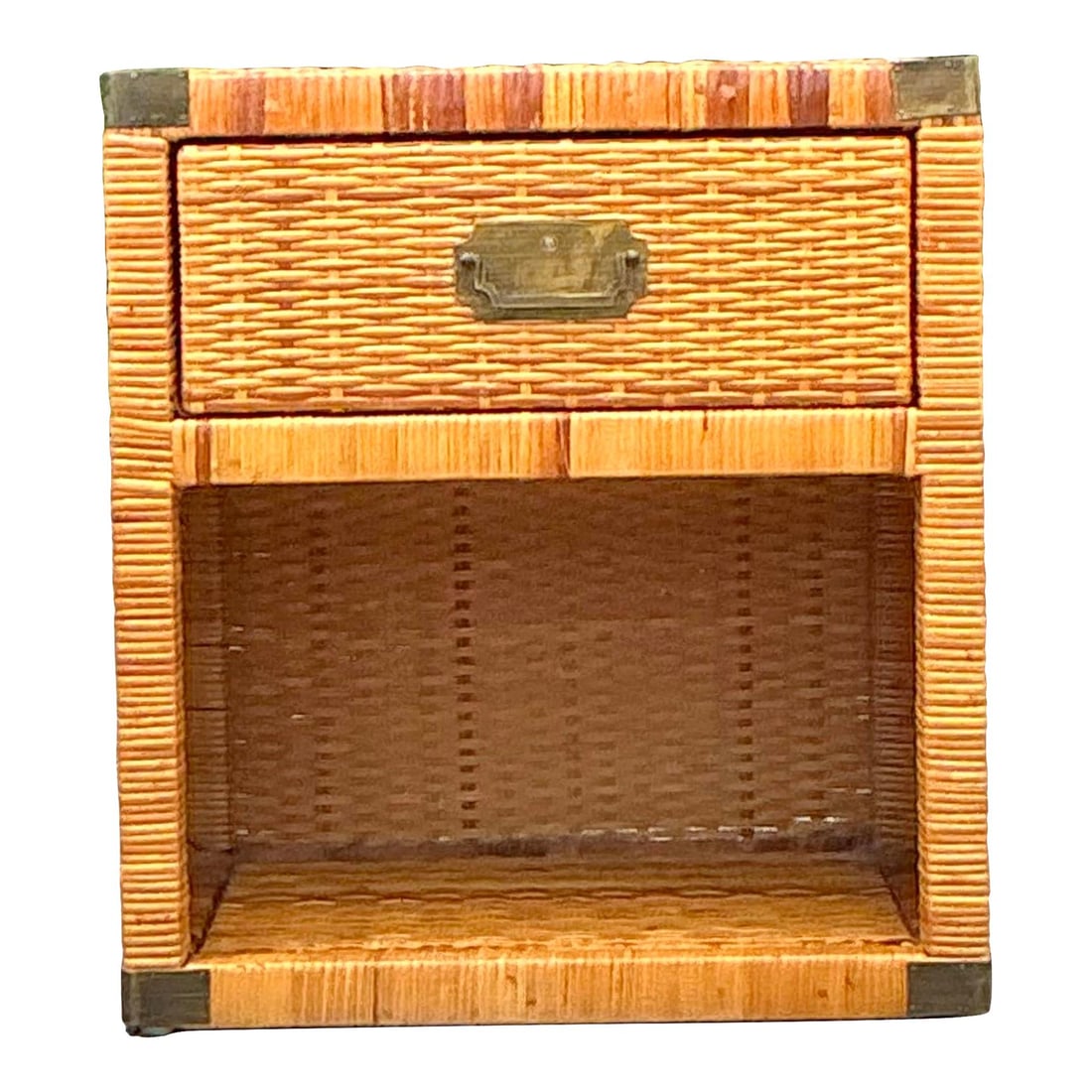 Vintage Coastal Campaign Woven Rattan Nightstand with Brass Hardware: Vintage Coastal Campaign Woven Rattan Nightstand with Brass Hardware Enhance your bedroom with the Vintage Coastal Campaign Woven Rattan Nightstand, a perfect blend of coastal charm and practical stor
