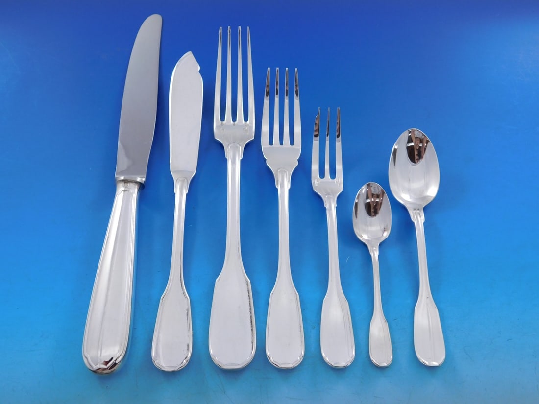 57 Piece Christofle Plunir Silverplate Flatware Set Service for 8: 57 Piece Christofle Plunir Silverplate Flatware Set Service for 8 Christofle Plunir silverplate flatware service for 8 in the post-1940 Plunir pattern from France. This 57-piece estate set features cl