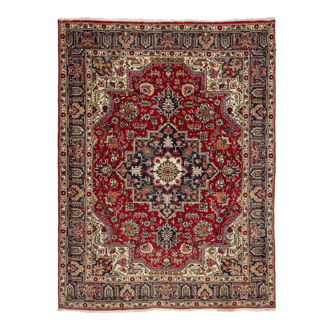 Vintage Persian Heriz Wool Rug Medallion Design Red 4'10 x 6'6: Vintage Persian Heriz Wool Rug Medallion Design Red 4'10 x 6'6 Discover the beauty of this Medallion-Designed Vintage Persian Heriz Wool Rug in a striking red hue. This captivating rug features intric