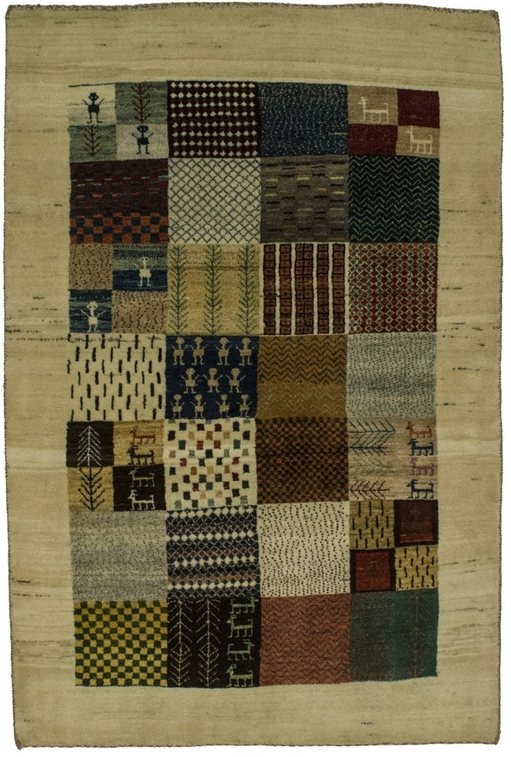 Handmade Tribal Gabbeh Wool Rug 3'6 x 5'4 Vintage Checkered Design: Handmade Tribal Gabbeh Wool Rug 3'6 x 5'4 Vintage Checkered Design Enhance your home decor with this exquisite Handmade Tribal Gabbeh Wool Rug. Measuring 5'4" x 3'6", this vintage area rug features a 