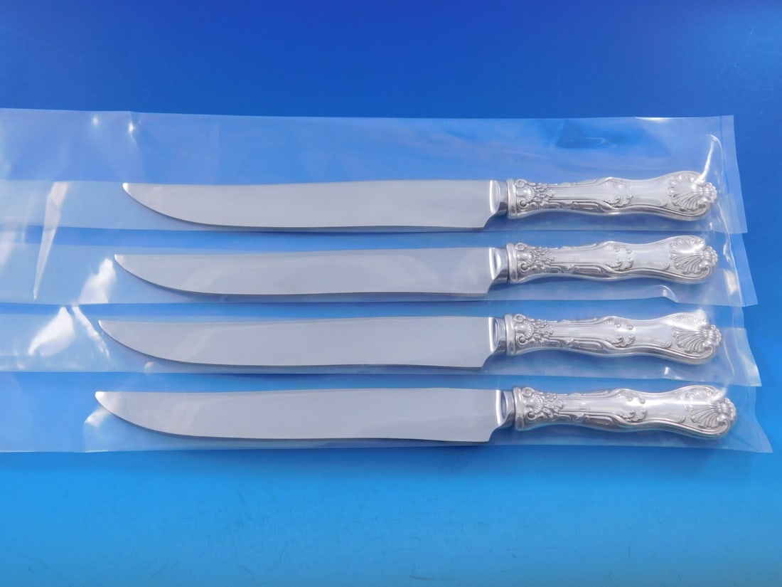 Whiting Imperial Queen Sterling Silver Steak Knife Set 4pc Texas Size: Whiting Imperial Queen Sterling Silver Steak Knife Set 4pc Texas Size Elevate your dining experience with this exquisite 4-piece steak knife set from the Imperial Queen pattern by Whiting Manufacturin
