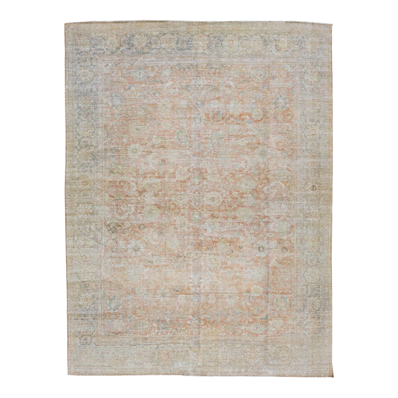 Antique Persian Mahal Handmade Wool Rug 9'8 x 12'9 Shabby Chic Rust: Antique Persian Mahal Handmade Wool Rug 9'8 x 12'9 Shabby Chic Rust Discover this exquisite Antique Shabby Chic Mahal rug, hand-knotted from wool, showcasing a beautiful rust-orange color field accent
