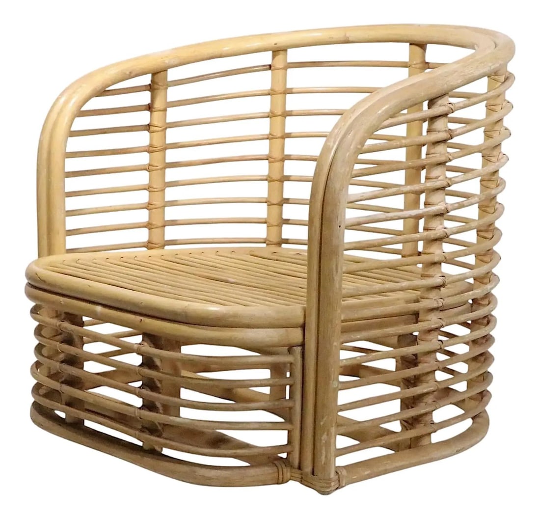 Vintage Bamboo Lounge Club Chair With Wraparound Frame: Vintage Bamboo Lounge Club Chair With Wraparound Frame This mid-20th century lounge chair features a chic bamboo wrap-around frame, offering both style and durability. The chair is structurally sound 