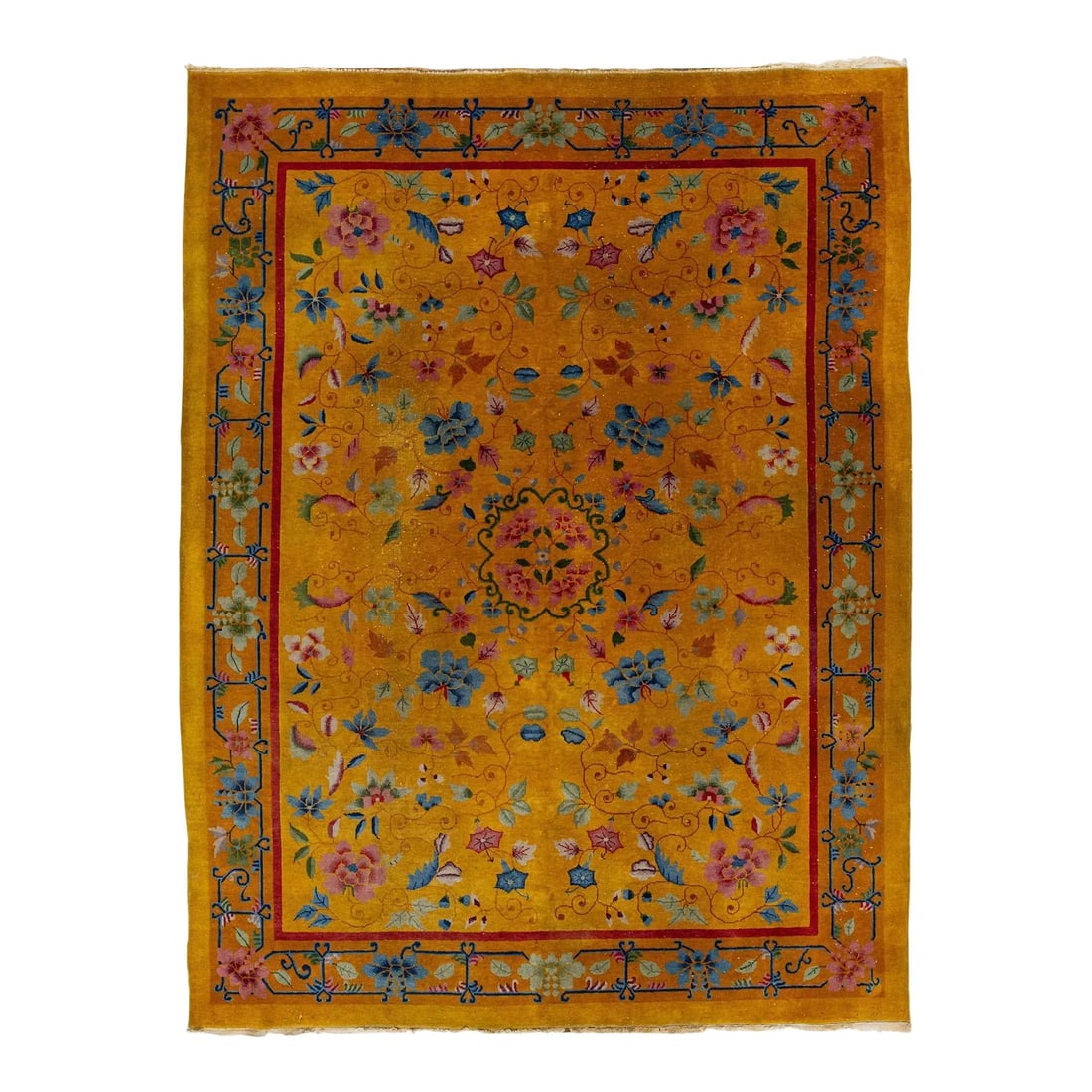 1920s Chinese Art Deco Wool Rug Goldenrod Floral Design 8'10 x 11'8: 1920s Chinese Art Deco Wool Rug Goldenrod Floral Design 8'10 x 11'8 Discover a stunning piece of history with this beautiful 1920s antique Chinese Art Deco hand-knotted wool rug. Featuring a vibrant g
