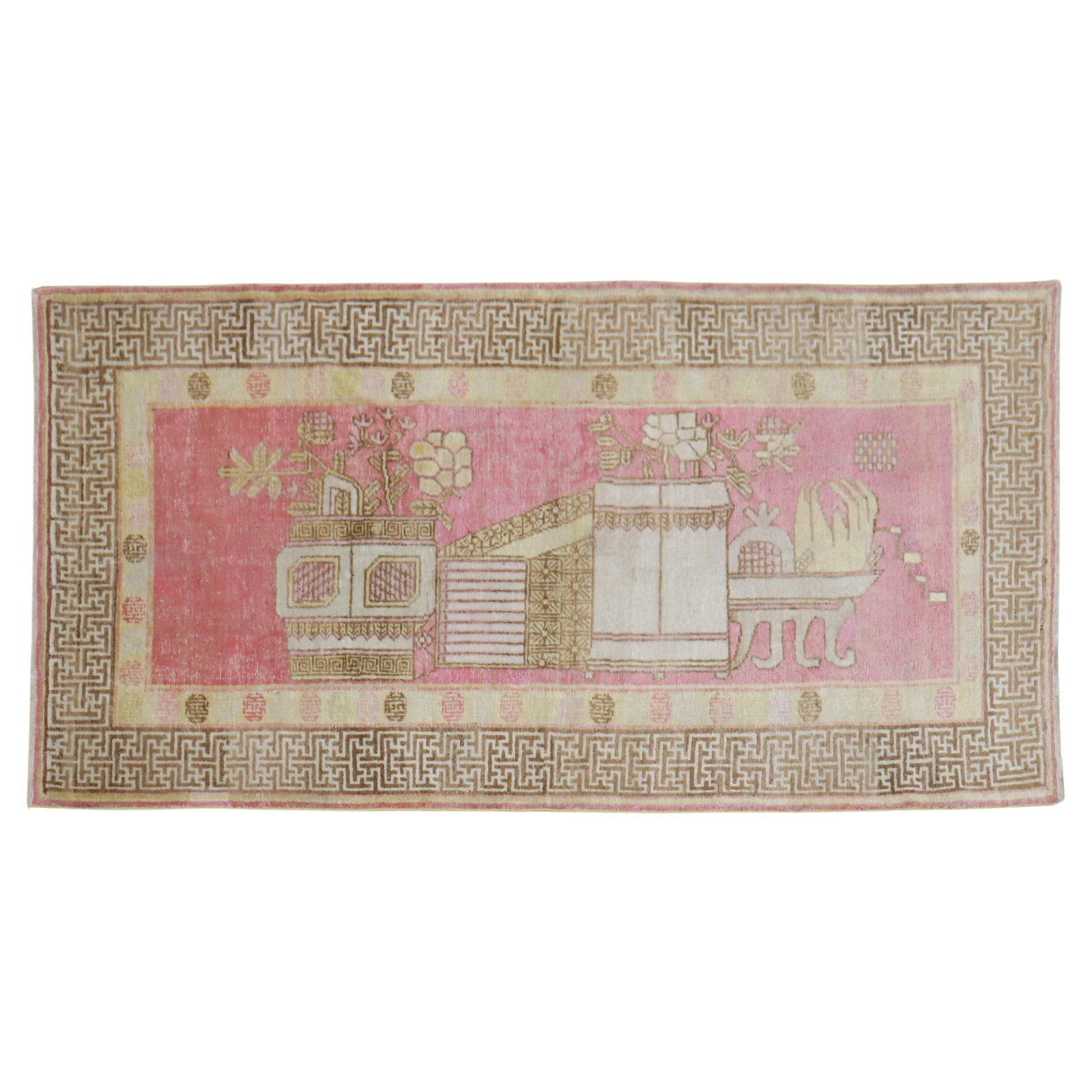 Zabihi Collection Vintage Khotan Rug Pink Pictorial Design 48 x 94: Zabihi Collection Vintage Khotan Rug Pink Pictorial Design 48 x 94 Discover the beauty of this early 20th Century Khotan Samarkand rug, featuring a stunning pictorial design on a soft pink field. Meas