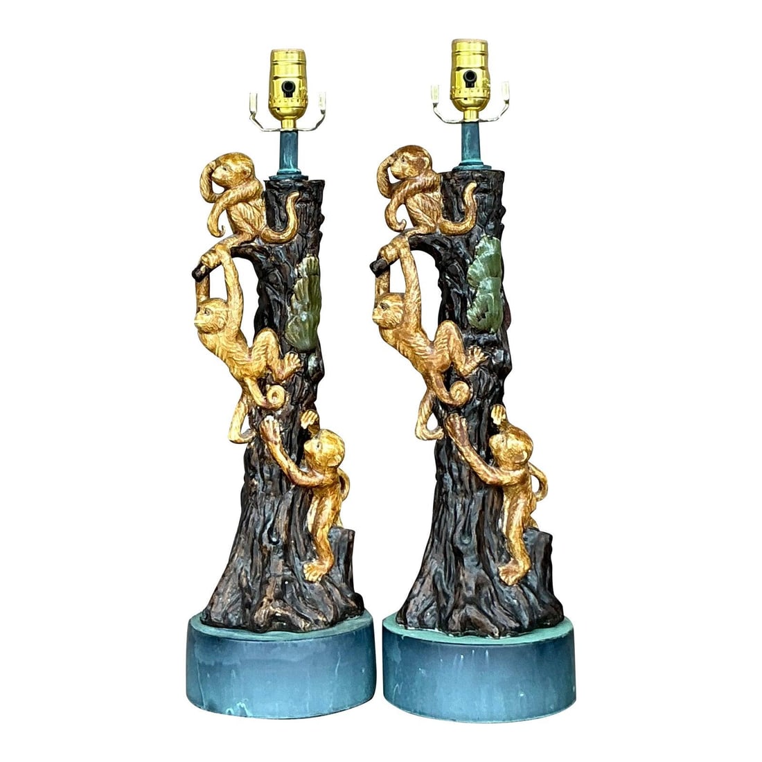 Whimsical Vintage Boho Pair of Glazed Ceramic Monkey Tree Lamps: Whimsical Vintage Boho Pair of Glazed Ceramic Monkey Tree Lamps This stunning pair of vintage boho glazed ceramic monkey tree lamps adds a whimsical touch to any space. Each lamp showcases a delightfu