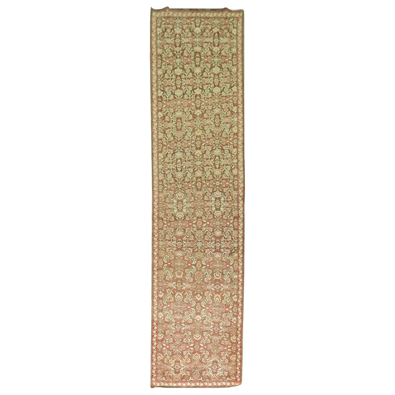 Malayer Wool Hand Knotted Brown Red Runner Circa 1920: Malayer Wool Hand Knotted Brown Red Runner Circa 1920 This vintage Karabagh runner from the early 20th century features distinctive brown and red accents and is crafted in the Malayer style. Hand-knot