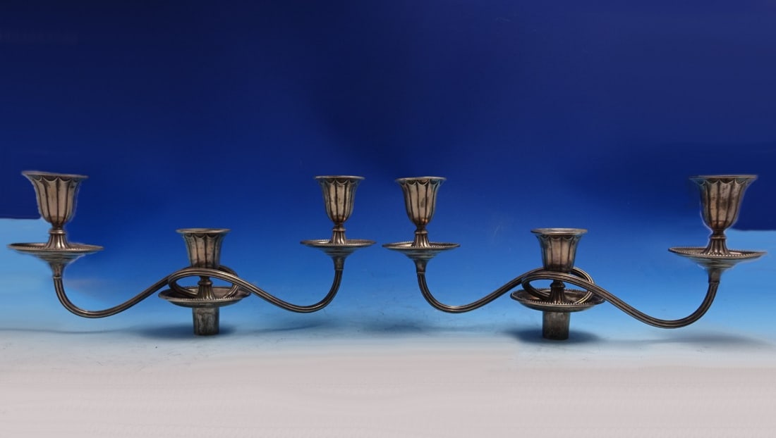 Pair of Victorian Sterling Silver Three-Light Candelabra Arms by Hawksworth Eyre: Pair of Victorian Sterling Silver Three-Light Candelabra Arms by Hawksworth Eyre This pair of English Victorian sterling silver candelabra arms was crafted by Hawksworth Eyre and Co. around 1885 in Sh