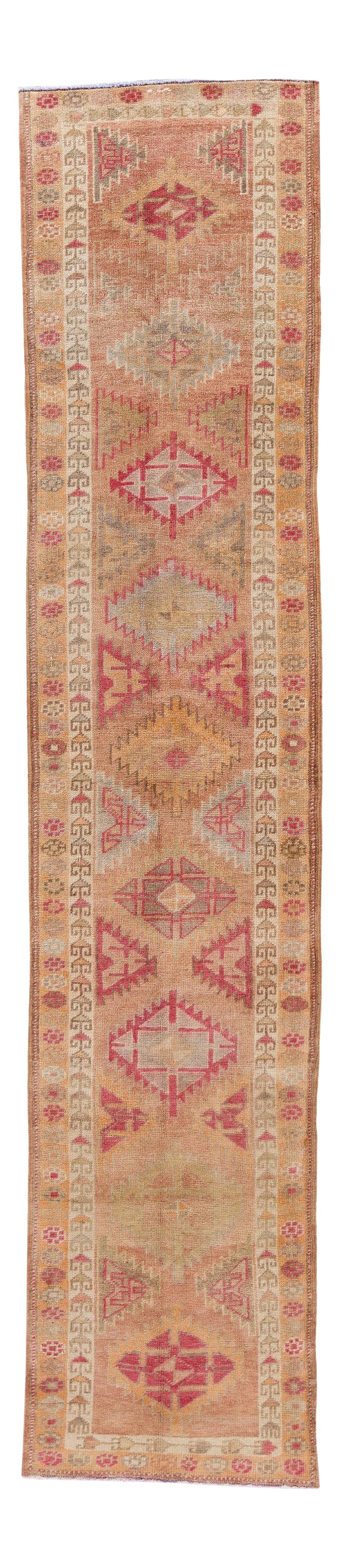 Hand Knotted Turkish Runner Rug Coral Geometric Design 2'9 x 13'2: Hand Knotted Turkish Runner Rug Coral Geometric Design 2'9 x 13'2 Discover the charm of this early 20th-century Anatolian Turkish runner rug, expertly hand-knotted with a stunning coral field. The int