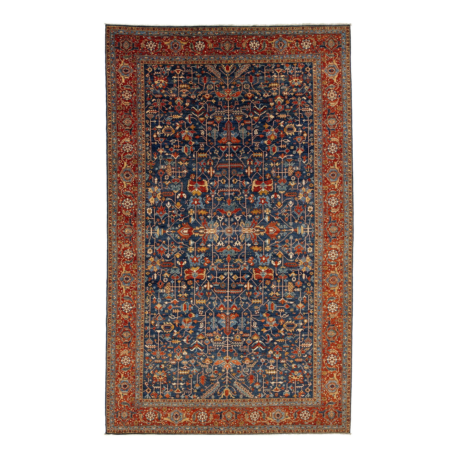 Oversized Wool Rug Navy Blue Floral Serapi Style 11'9 x 19'7: Oversized Wool Rug Navy Blue Floral Serapi Style 11'9 x 19'7 Transform your living space with this stunning oversized rug that reinterprets the classic Serapi style. Crafted from high-quality wool, it