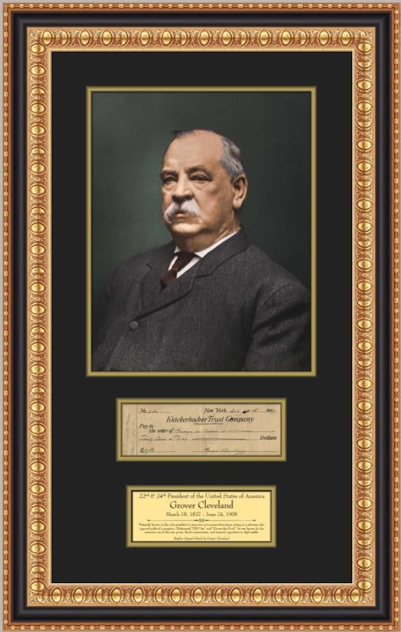 Grover Cleveland Framed Replica Signed Check and Portrait Display: Grover Cleveland Framed Replica Signed Check and Portrait Display This custom-framed collectible features a facsimile signed check display honoring President Grover Cleveland, the only U.S. president 