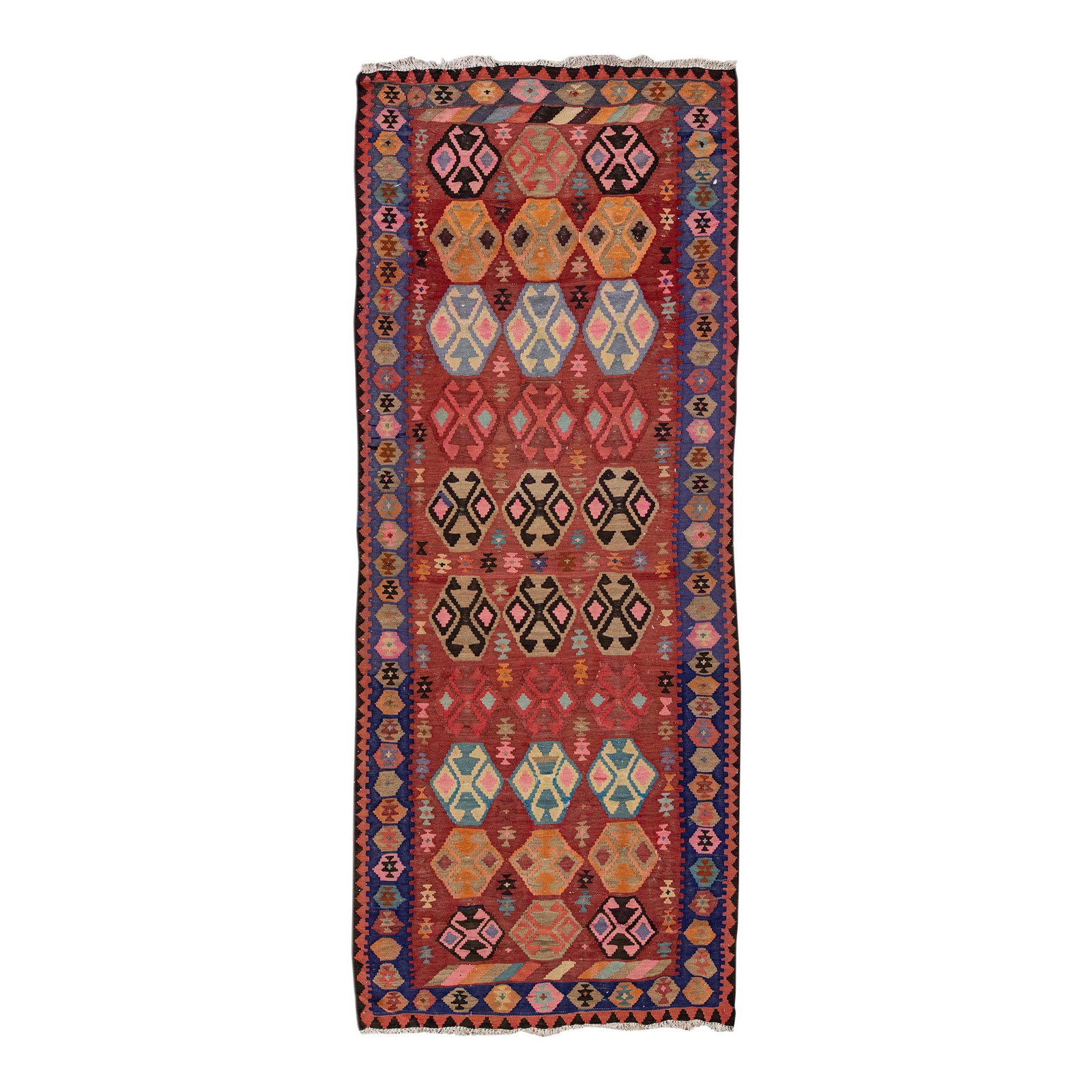 Vintage Kilim Handmade Wool Runner 4'6 x 11'5 Geometric Design: Vintage Kilim Handmade Wool Runner 4'6 x 11'5 Geometric Design This stunning vintage Kilim wool runner showcases a beautiful rusted field adorned with an intricate geometric pattern. The flatweave des
