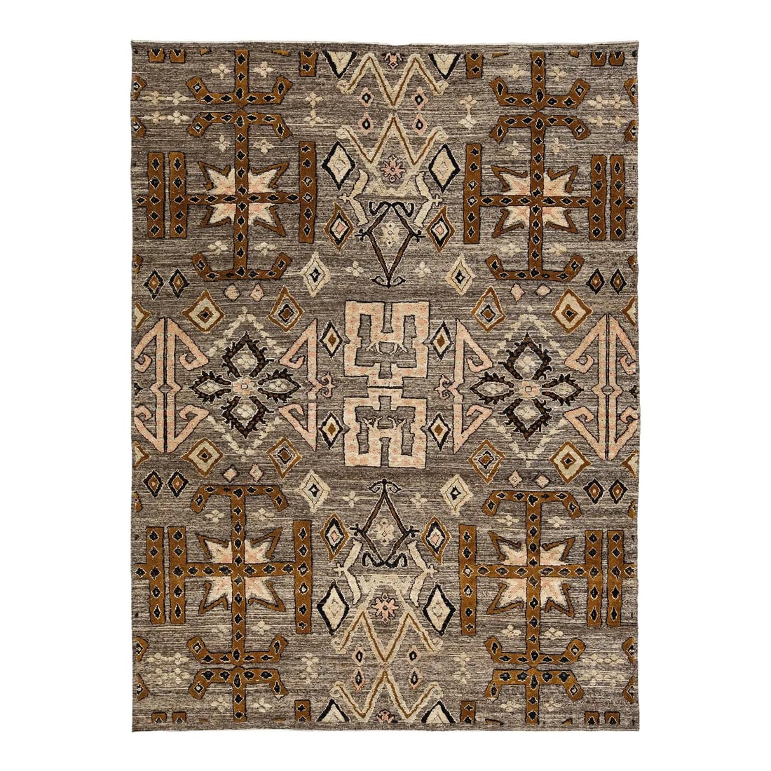8'9 x 11'10 Gray Wool Tulu Area Rug: 8'9 x 11'10 Gray Wool Tulu Area Rug This hand-knotted Modern Tulu area rug is crafted from plush wool, blending the cozy texture of traditional Turkish weaving with striking African tribal-inspired ge