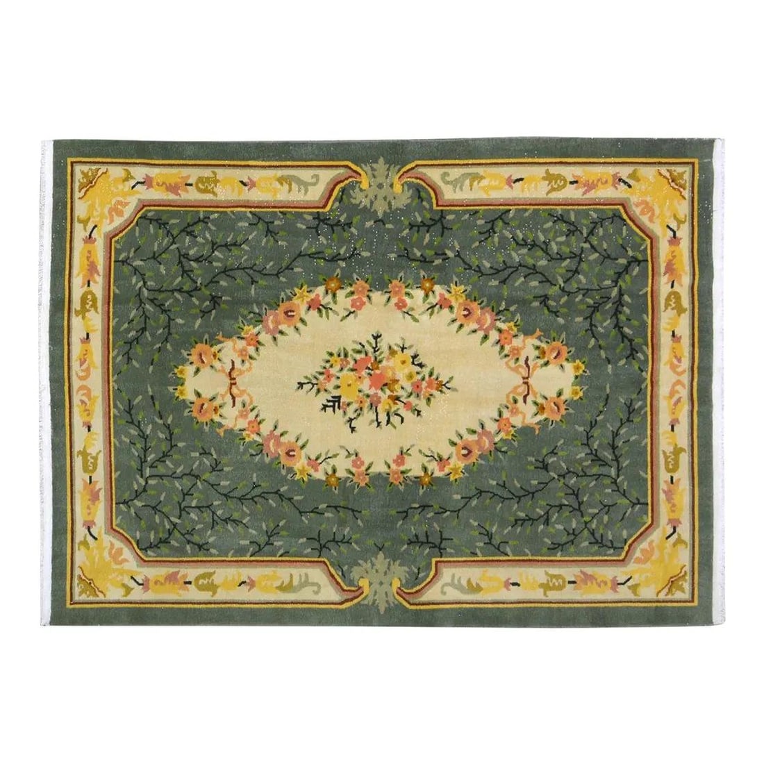 Chinese Art Deco Wool Rug Hand Knotted 5'x6'9" Army Green: Chinese Art Deco Wool Rug Hand Knotted 5'x6'9" Army Green This vintage Chinese Art Deco rug is hand-knotted from wool using traditional techniques, offering a blend of classic craftsmanship and modern