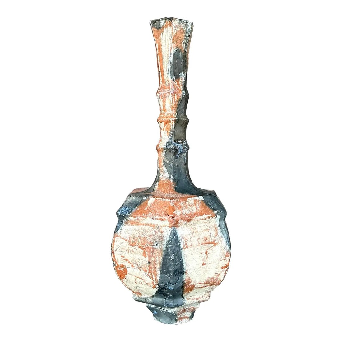 Vintage Boho Studio Pottery Vase with Geometric Design: Vintage Boho Studio Pottery Vase with Geometric Design Embrace the unique charm of this vintage studio pottery vase, showcasing the beauty of handcrafted artistry. With its striking faceted, geometric
