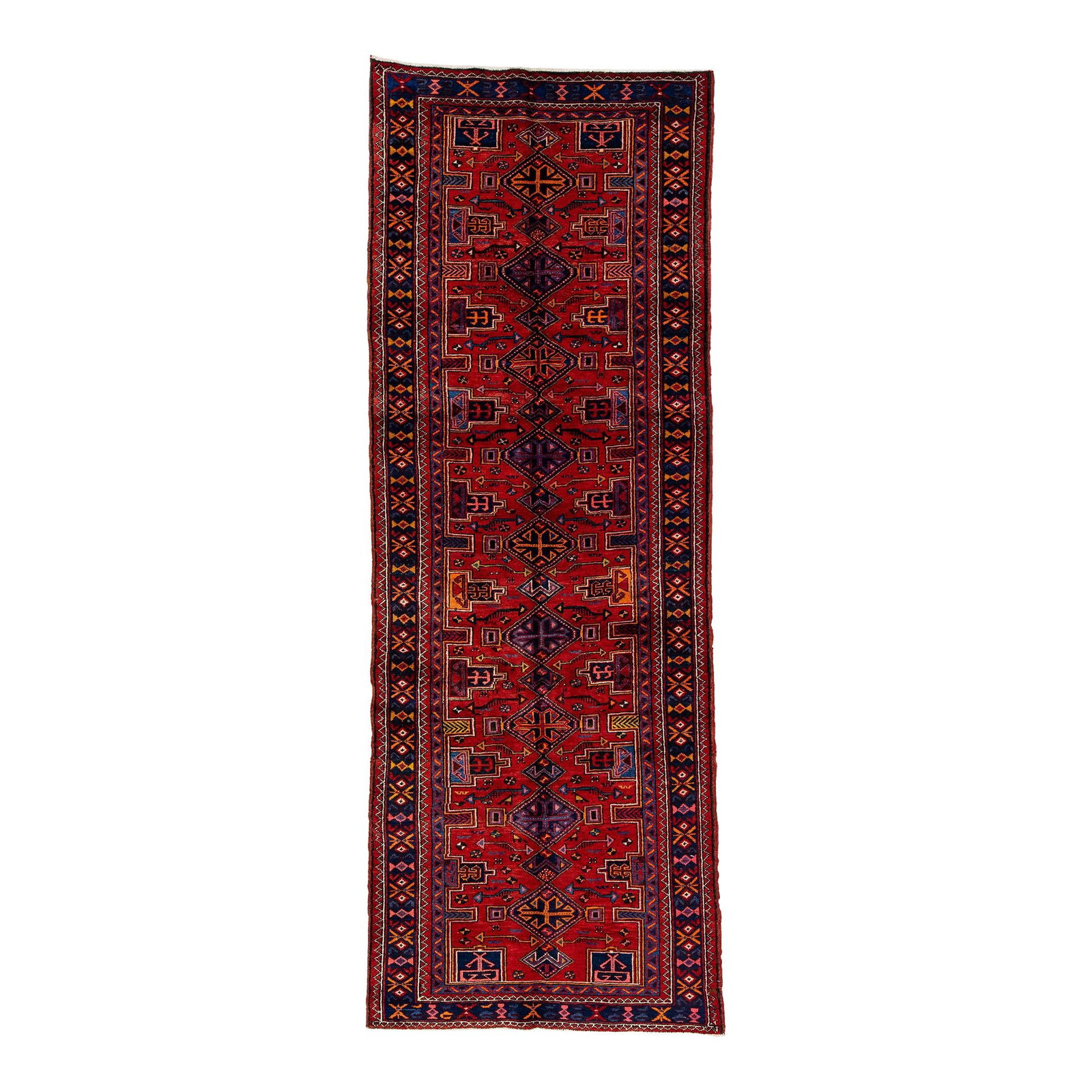 Vintage Persian Heriz Navy Blue Wool Runner 3'5 x 9'10 Handmade Medallion: Vintage Persian Heriz Navy Blue Wool Runner 3'5 x 9'10 Handmade Medallion This exquisite vintage Persian Heriz runner showcases a stunning navy blue field adorned with a captivating all-over medallion