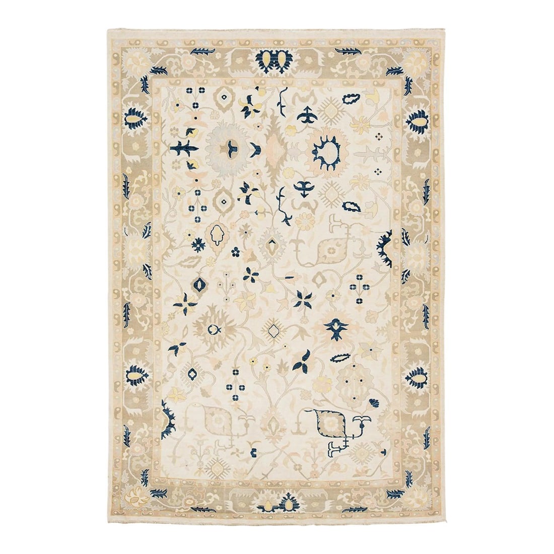 Handmade Neutral Oushak Wool Rug 8'11 x 13'1 with Anatolian Motifs: Handmade Neutral Oushak Wool Rug 8'11 x 13'1 with Anatolian Motifs Enhance your living space with this exquisite handmade Oushak wool rug, featuring timeless Anatolian motifs in a refreshing neutral p