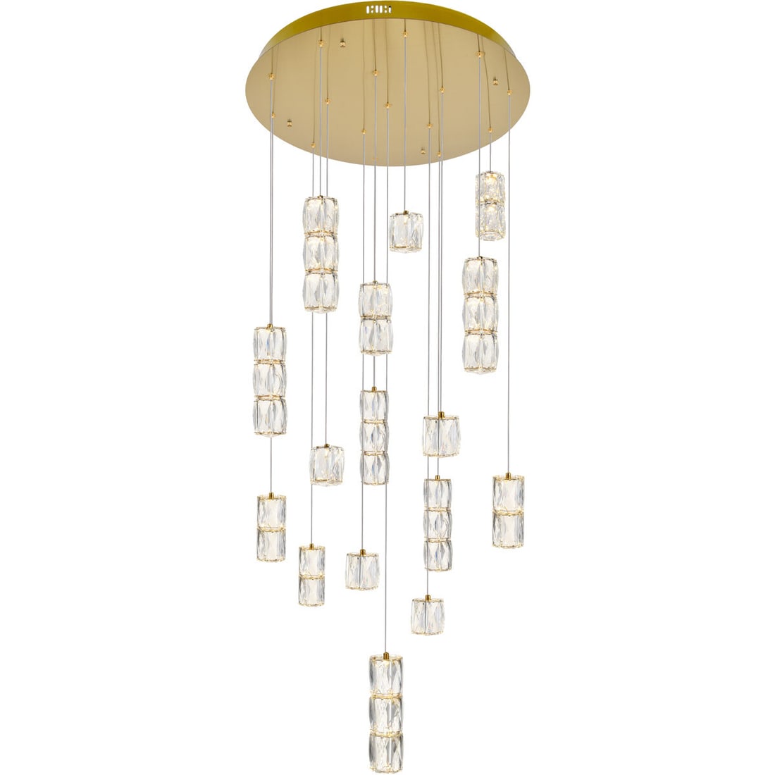 Polaris 16 Light Crystal Pendant in Gold 28in: Polaris 16 Light Crystal Pendant in Gold 28in Modern gold pendant chandelier with a crystal design and 16-light configuration. It features an adjustable hanging height, dimmable integrated LED lightin