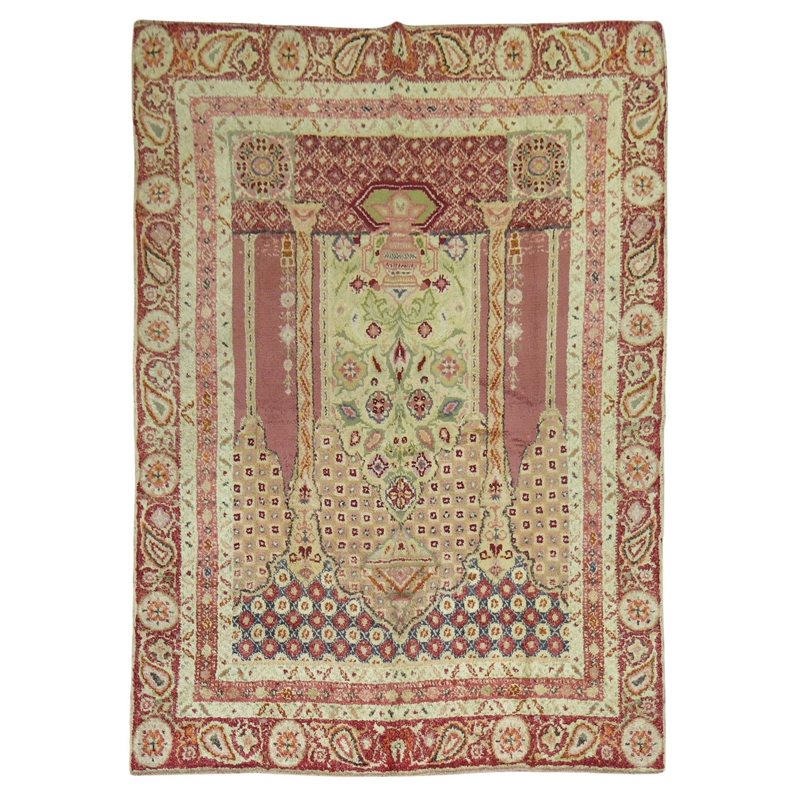 Zabihi Antique Turkish Ghiordes Scroll Rug 6'6 x 8'6 Wool Hand-Knotted: Zabihi Antique Turkish Ghiordes Scroll Rug 6'6 x 8'6 Wool Hand-Knotted Discover the elegance of the Zabihi Collection Antique Turkish Ghiordes Scroll Rug, a true embodiment of early 20th-century craft