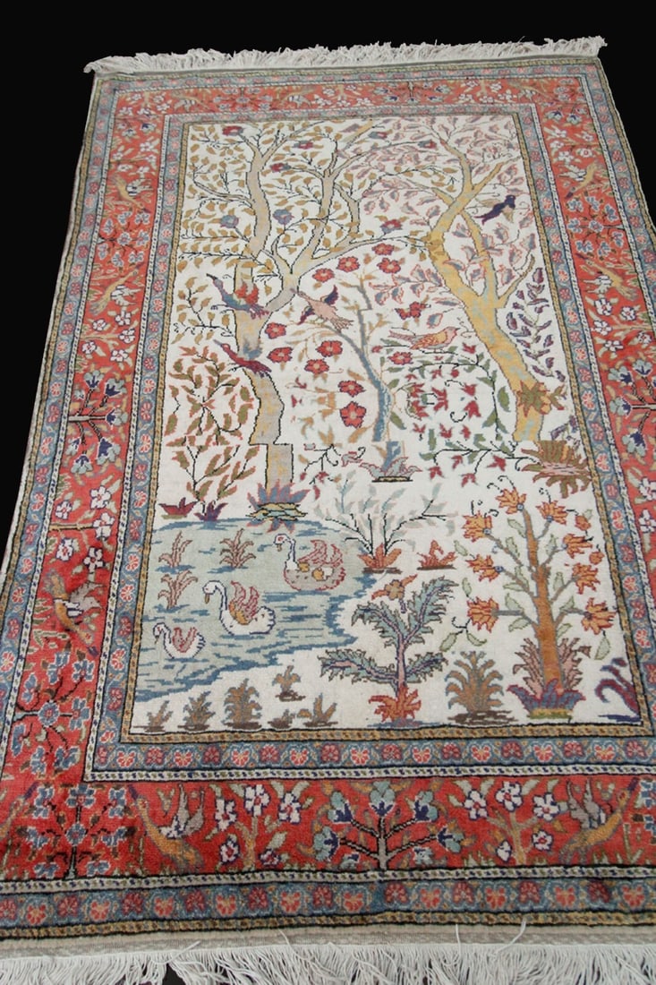 Vintage Hereke Turkish Cotton Tree Bird Tapestry Rug 4 x 6 117cm x 176cm (1 of 9)