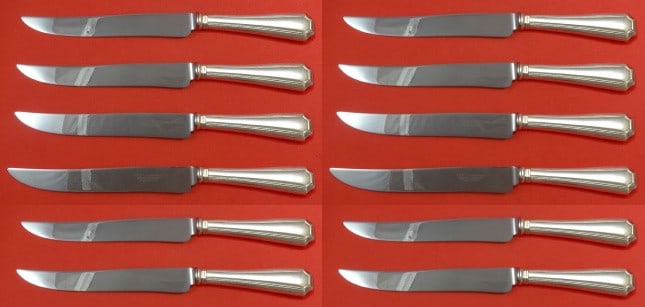 Durgin-Gorham Fairfax Sterling Silver Steak Knife Set 12 pcs 8.5": Durgin-Gorham Fairfax Sterling Silver Steak Knife Set 12 pcs 8.5" This exquisite custom set of 12 steak knives showcases the elegant Fairfax pattern by Durgin-Gorham, crafted from high-quality sterlin