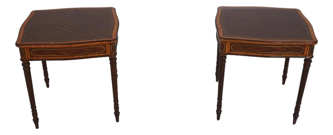 Set of Two Adolphus Mahogany Accent Tables with Brass Inlay and Satinwood Borders: Set of Two Adolphus Mahogany Accent Tables with Brass Inlay and Satinwood Borders This pair of Theodore Alexander Adolphus side tables features finely carved mahogany construction with high-quality cr