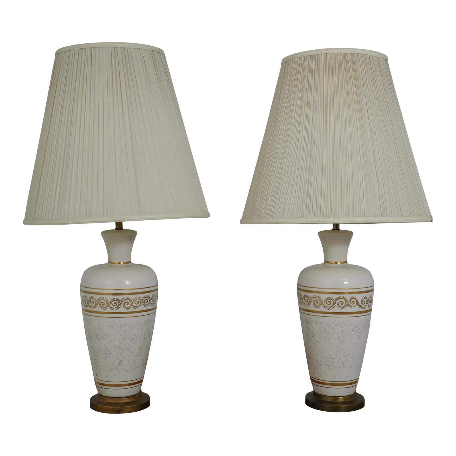 Vintage 1950s Neoclassical Porcelain Lamps with Gold Detailing: Vintage 1950s Neoclassical Porcelain Lamps with Gold Detailing This stunning pair of vintage lamps from the 1950s showcases a neoclassical design with elegant gold and off-white detailing. Crafted fro