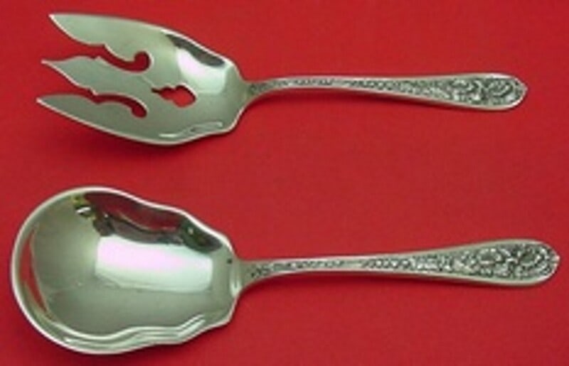 Stieff Corsage Sterling Silver Salad Serving Set Vintage 8": Stieff Corsage Sterling Silver Salad Serving Set Vintage 8" This stunning salad serving set features the elegant Corsage pattern by Stieff, crafted entirely from sterling silver. The set includes an 8
