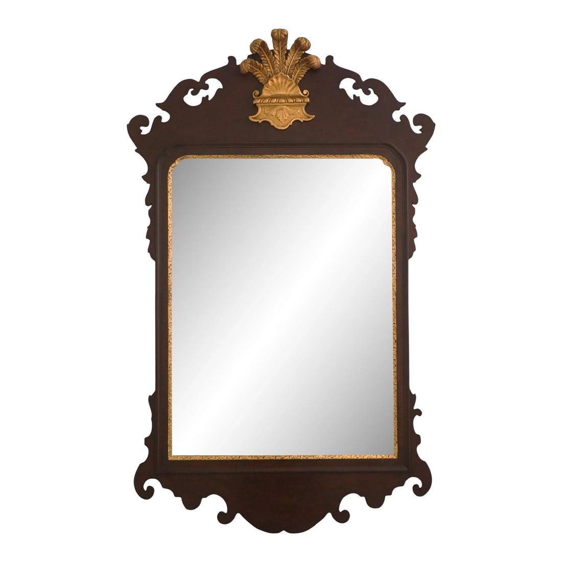 Beveled Walnut Mirror with Prince of Wales Crest: Beveled Walnut Mirror with Prince of Wales Crest This vintage Friedman Brothers CW-LG5 Colonial Williamsburg mirror features a beveled glass center, a high-quality walnut frame, and a genuine gold lea