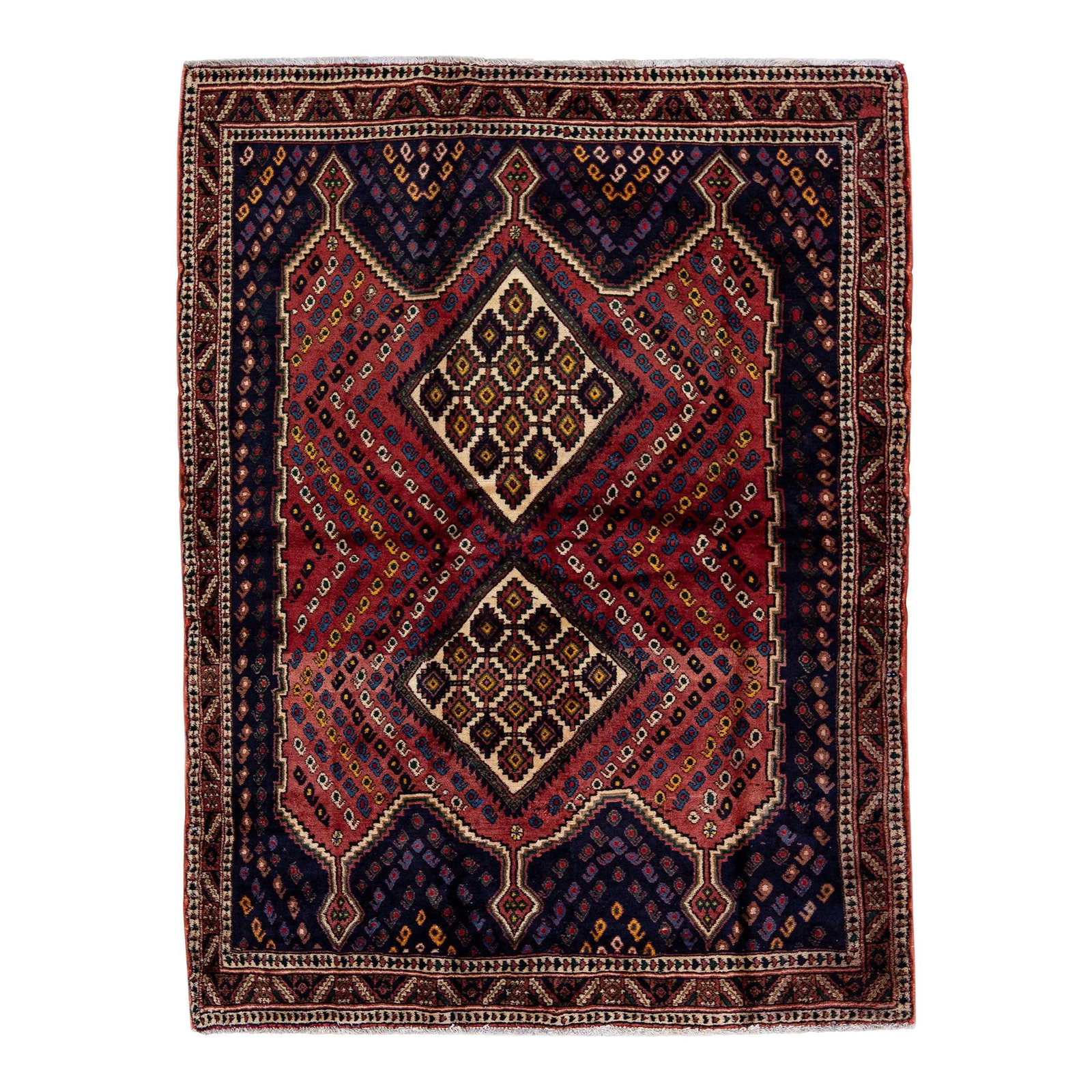 Vintage Handmade Shiraz Red Geometric Wool Rug 4'7" x 6'0": Vintage Handmade Shiraz Red Geometric Wool Rug 4'7" x 6'0" Enhance your space with this beautiful Vintage Handmade Shiraz Red Geometric Wool Rug. This exquisite hand-knotted Persian rug showcases a vi