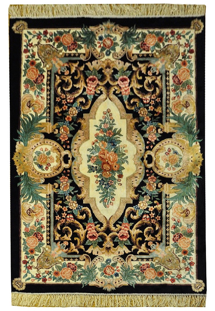 Handcrafted 4' x 6' Black Silk French Aubusson Area Rug: Handcrafted 4' x 6' Black Silk French Aubusson Area Rug Free continental US Shipping Elevate your home decor with this exquisite 4' x 6' Navy Blue Silk French Aubusson Rug, a true masterpiece of craft