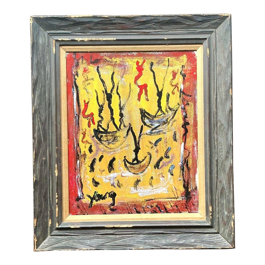 Purvis Young Framed Figurative Bohemian Oil Painting on Canvas: Purvis Young Framed Figurative Bohemian Oil Painting on Canvas This vintage oil on canvas painting by Purvis Young captures the artist's distinctive abstract figurative style, featuring bold, calligra