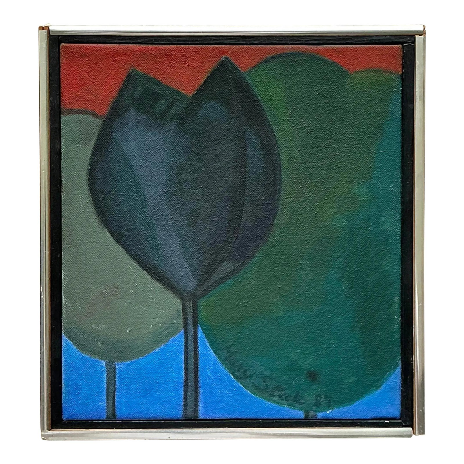 1971 Vintage Boho Oil Painting of Stylized Trees: 1971 Vintage Boho Oil Painting of Stylized Trees Elevate your interior with this late 20th-century vintage original oil painting featuring a captivating composition of stylized trees. Created in 1971,