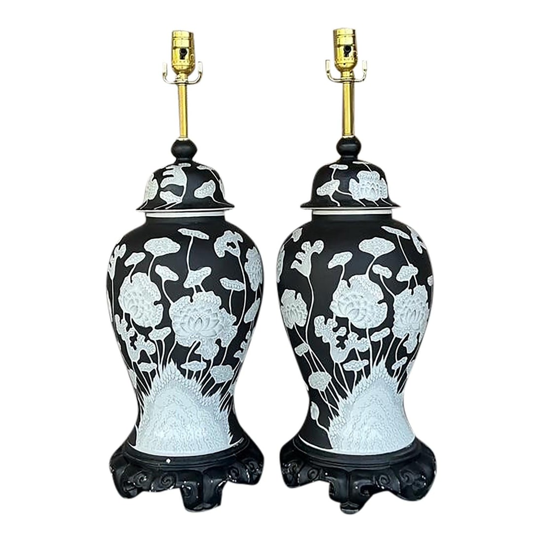 Vintage Regency Floral Ginger Jar Lamps Pair Black White Brass: Vintage Regency Floral Ginger Jar Lamps Pair Black White Brass Enhance your space with this exquisite pair of Vintage Regency Graphic Floral Ginger Jar Lamps. Each lamp showcases a classic ginger jar 