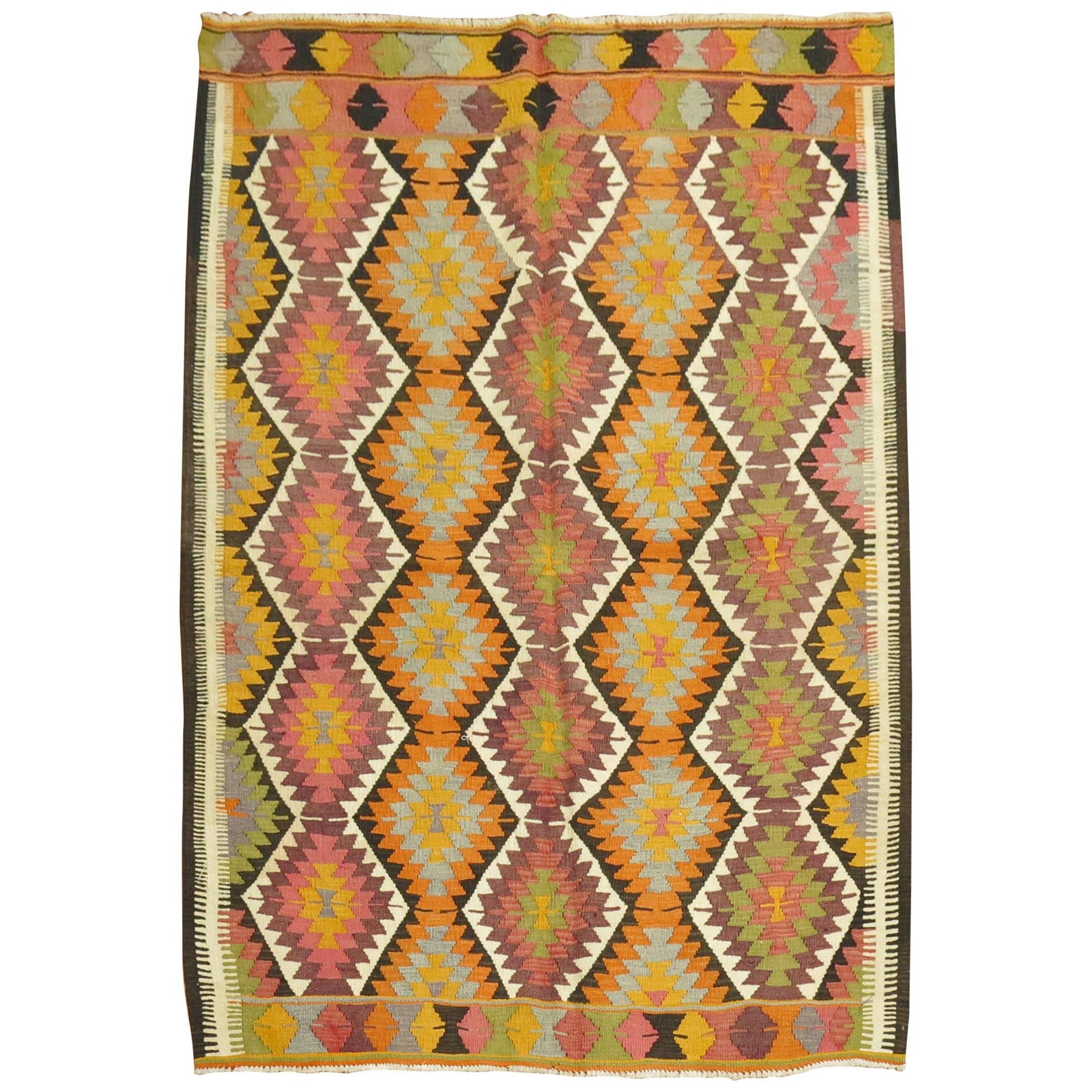 Mid Century Wool Turkish Kilim Geometric Flat Weave Rug: Mid Century Wool Turkish Kilim Geometric Flat Weave Rug This vintage Turkish Kilim features a vibrant geometric design with accents of orange, purple, pink, and yellow. Hand-knotted from wool in the m