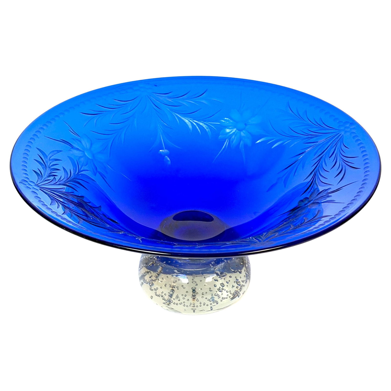 Edwardian Cobalt Art Glass Center Bowl with Engraved Floral Motif and Bubble Base (1 of 14)