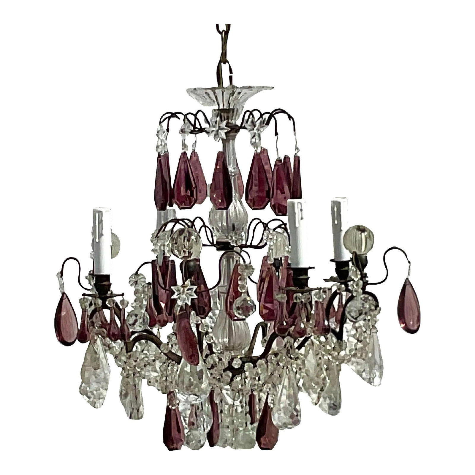 Vintage Regency Amethyst Crystal Teardrop Chandelier 24in Gilt Metal Frame: Vintage Regency Amethyst Crystal Teardrop Chandelier 24in Gilt Metal Frame Illuminate your space with this exquisite Vintage Regency Amethyst Crystal Teardrop Chandelier. This stunning piece features 