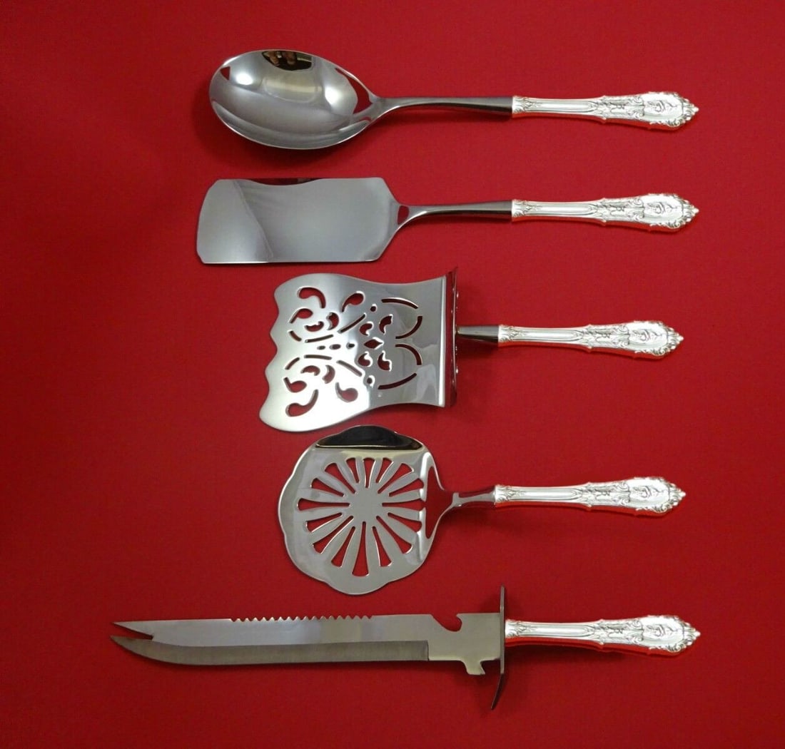 Wallace Rose Point Sterling Silver 5-Piece Brunch Serving Set: Wallace Rose Point Sterling Silver 5-Piece Brunch Serving Set Enhance your brunch gatherings with this exquisite 5-piece serving set from the renowned Rose Point pattern by Wallace. Crafted from sterl