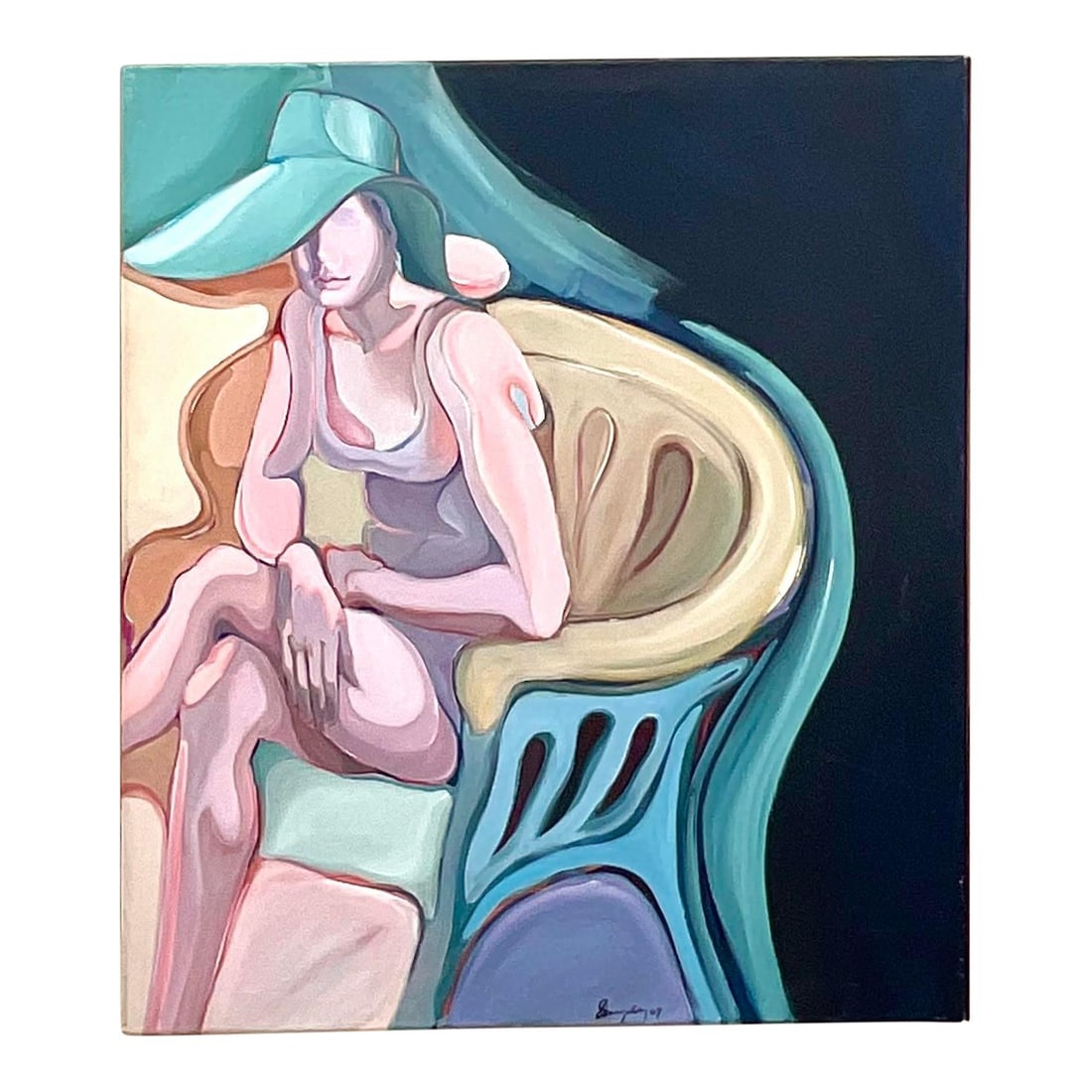 Vintage Boho Abstract Expressionism Oil Painting Signed 1969: Vintage Boho Abstract Expressionism Oil Painting Signed 1969 Explore this stunning vintage Boho original oil painting, a remarkable abstract expressionist piece featuring a stylish woman in a vibrant 