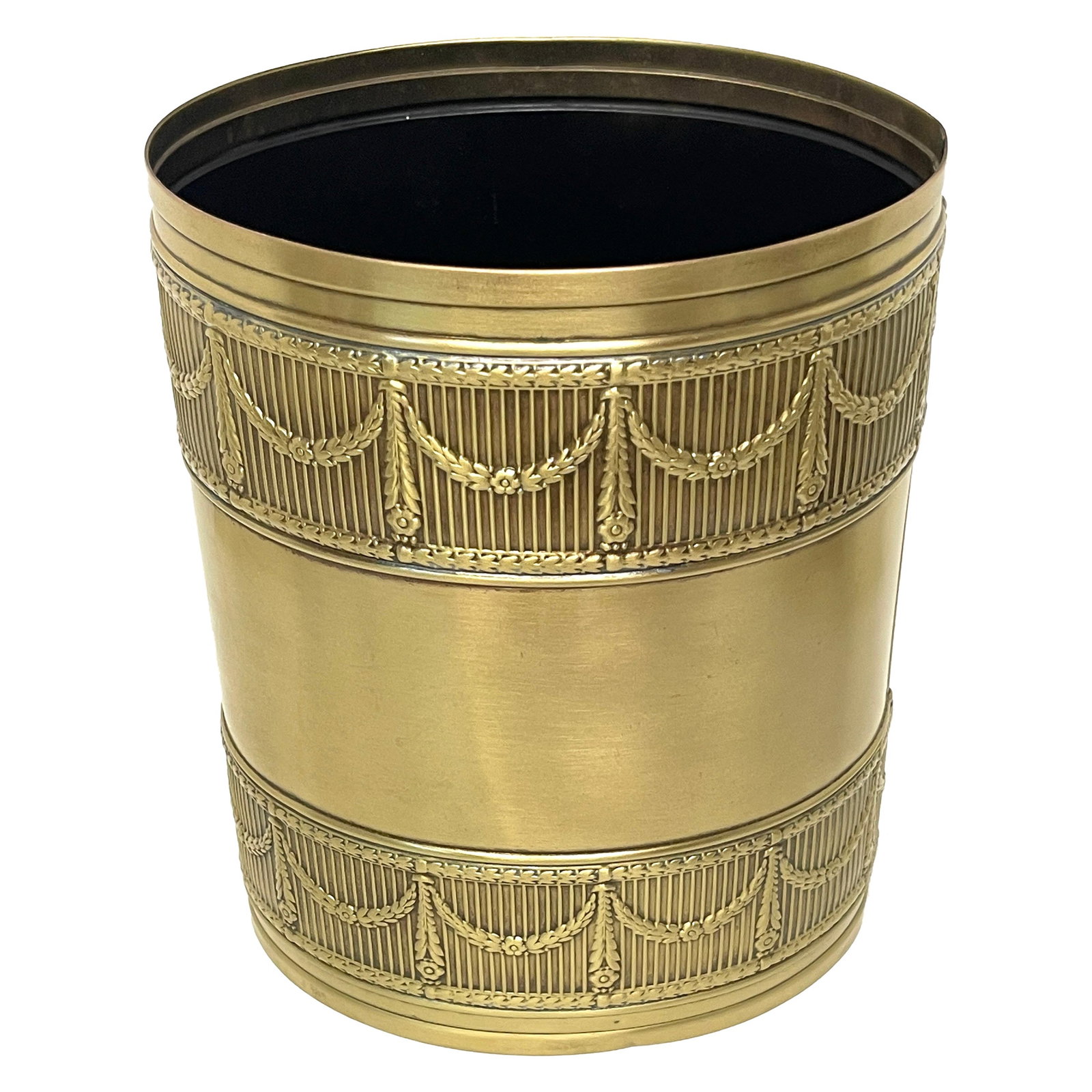 Elegant Austrian Neoclassical Bronze Iron Wastepaper Basket 1920s: Elegant Austrian Neoclassical Bronze Iron Wastepaper Basket 1920s This exquisite Neoclassical trash can or wastepaper basket showcases a unique oval form adorned with a continuous trellis, garland, an