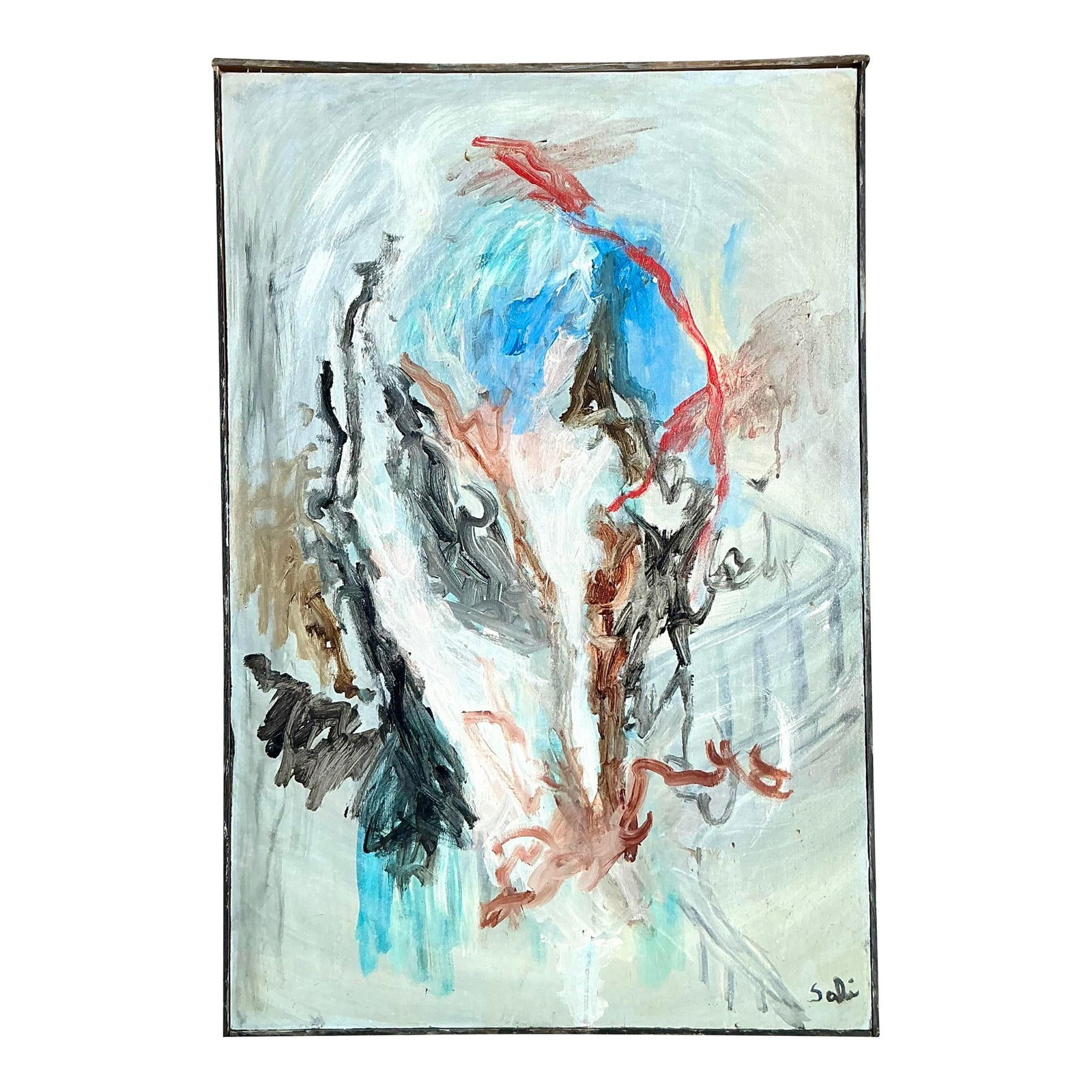 Vintage Boho Abstract Oil Painting Canvas 24.5x36.5 Aqua (1 of 6)