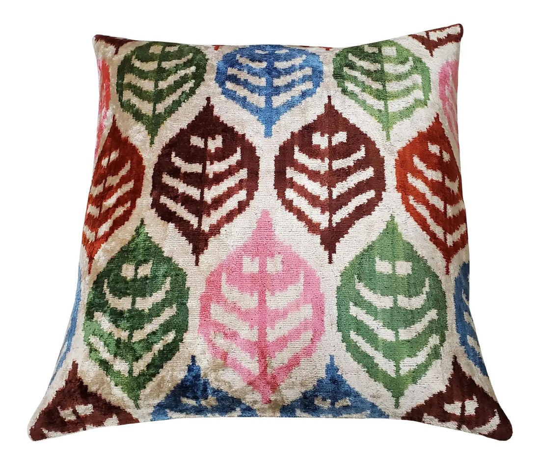 Maroon Silk Ikat Pillow 19x19 with Down Feather Insert: Maroon Silk Ikat Pillow 19x19 with Down Feather Insert This hand-made square pillow cushion features a luxurious Uzbek ikat velvet front crafted from silk, complemented by a natural linen backing and 