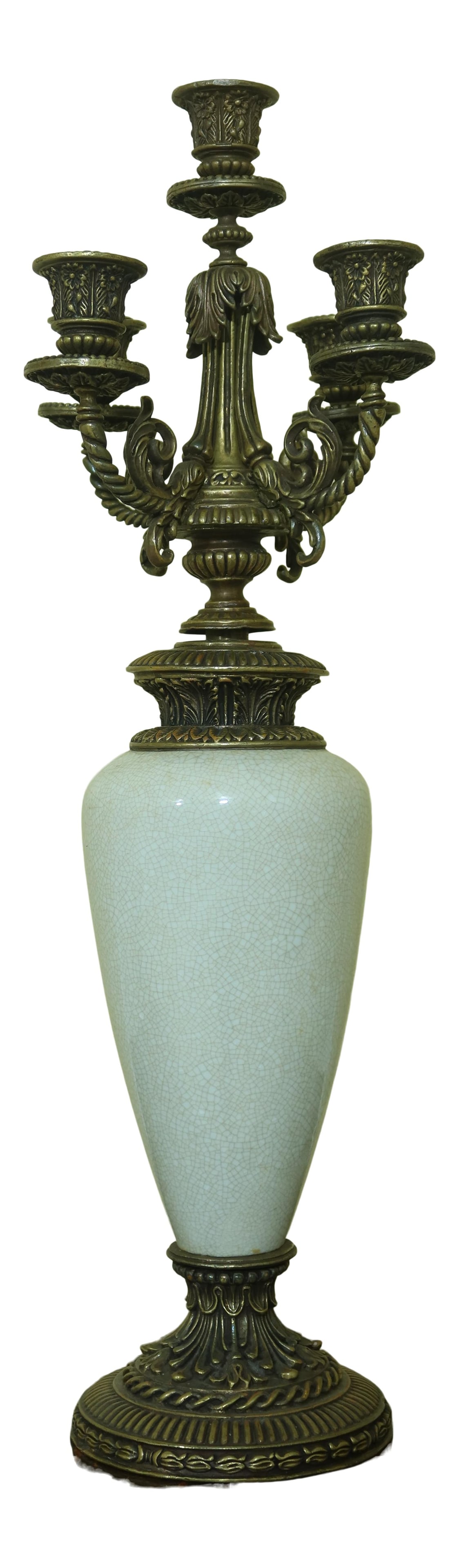 Elegant 21.5 Inch Bronze Porcelain Candelabra Centerpiece: Elegant 21.5 Inch Bronze Porcelain Candelabra Centerpiece This stunning Bronze & Porcelain Decorator Candelabra Centerpiece showcases exquisite craftsmanship with a crackle porcelain center elegantly 