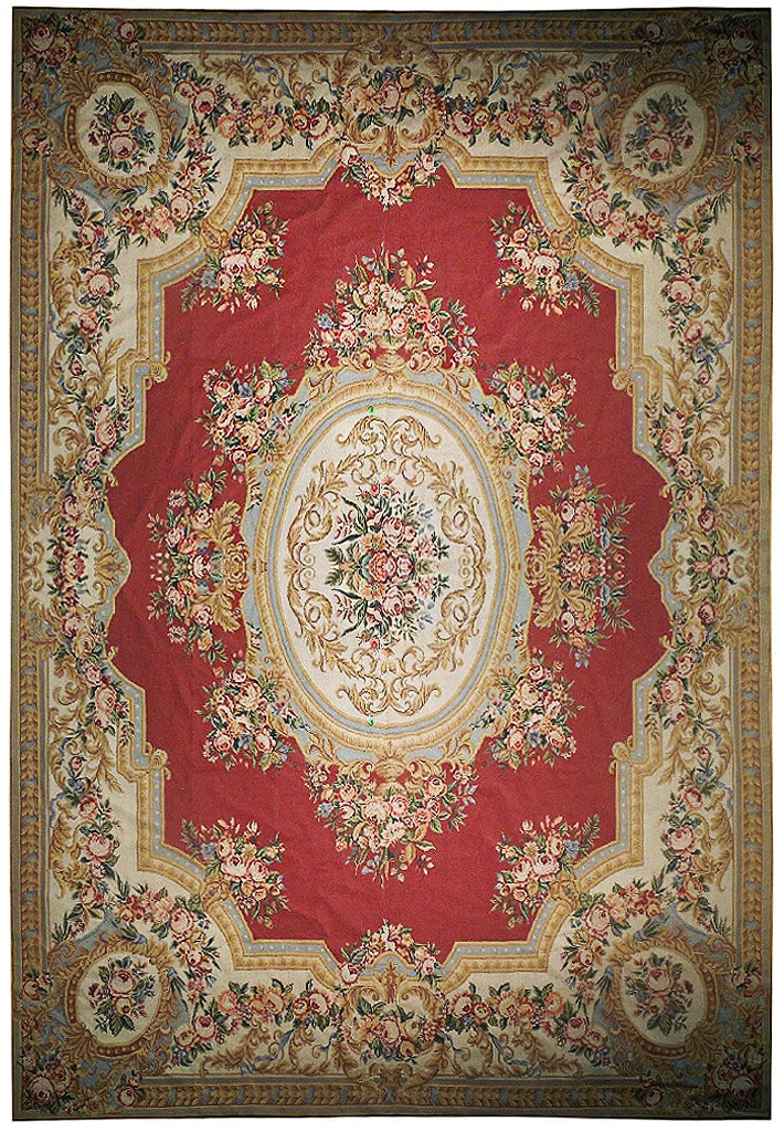 8'10" x 12' Handmade Aubusson Rug Brick Antique Red Floral Design: 8'10" x 12' Handmade Aubusson Rug Brick Antique Red Floral Design Free continental US Shipping Transform your space with the 8' 10" x 12' Needle Point Aubusson Rug in Brick Antique Red, a stunning emb