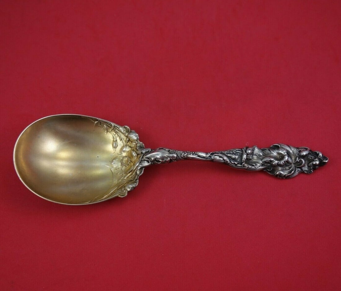 Reed & Barton Les Six Fleurs Sterling Silver Berry Spoon 9.75" Gold Wash (1 of 2)