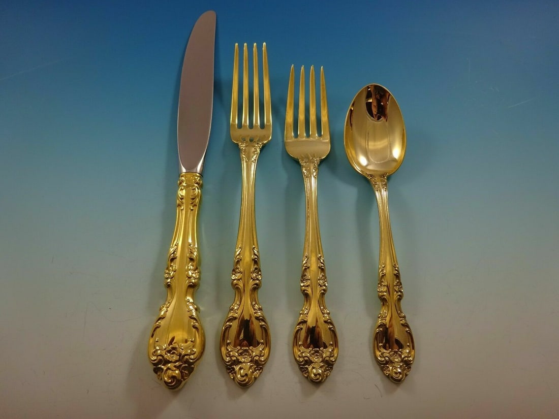 Gorham Melrose Gold Sterling Silver 4-Piece Place Setting: Gorham Melrose Gold Sterling Silver 4-Piece Place Setting Enhance your dining experience with this exquisite 4-piece place setting in the Melrose Gold pattern by Gorham. Crafted from high-quality ster