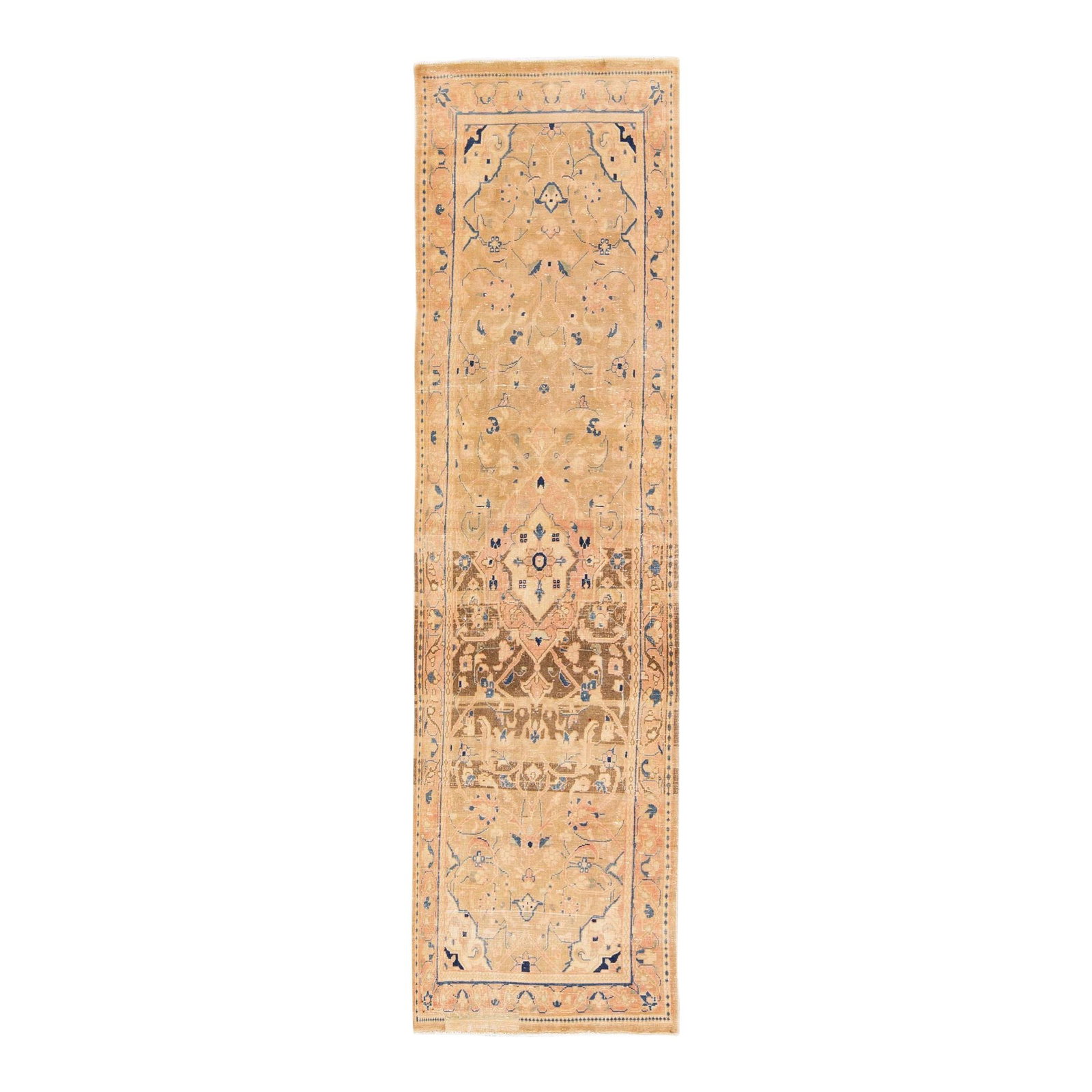 1960s Handmade Beige Wool Runner Vintage Medallion Design 3'4 x 12'8: 1960s Handmade Beige Wool Runner Vintage Medallion Design 3'4 x 12'8 This stunning vintage medallion runner features a beautiful hand-knotted design in soft beige, enhanced with blue and brown accents