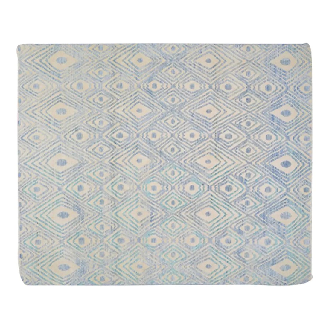 Turquoise Wool Area Rug With Geometric Pattern 8'7 x 9'9: Turquoise Wool Area Rug With Geometric Pattern 8'7 x 9'9 This Moroccan Sheba hand-knotted wool rug features a hi-low texture and a geometric pattern. Presented in a turquoise color, it is crafted from