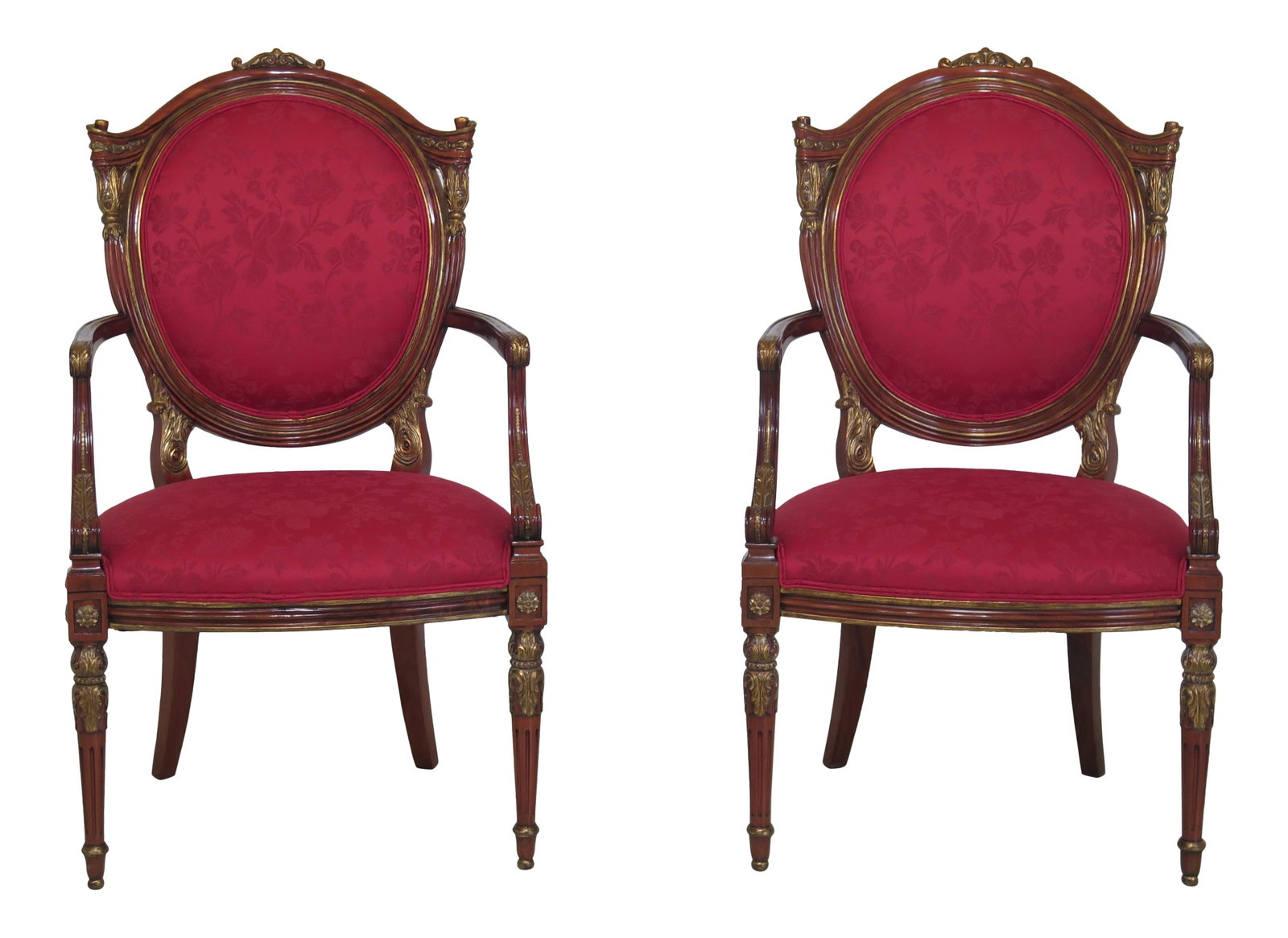 Pair of French Louis XVI Mahogany Armchairs with Gold Accents: Pair of French Louis XVI Mahogany Armchairs with Gold Accents This exquisite pair of French Louis XVI style arm chairs features fine carved details and a high-quality construction, ensuring both durab